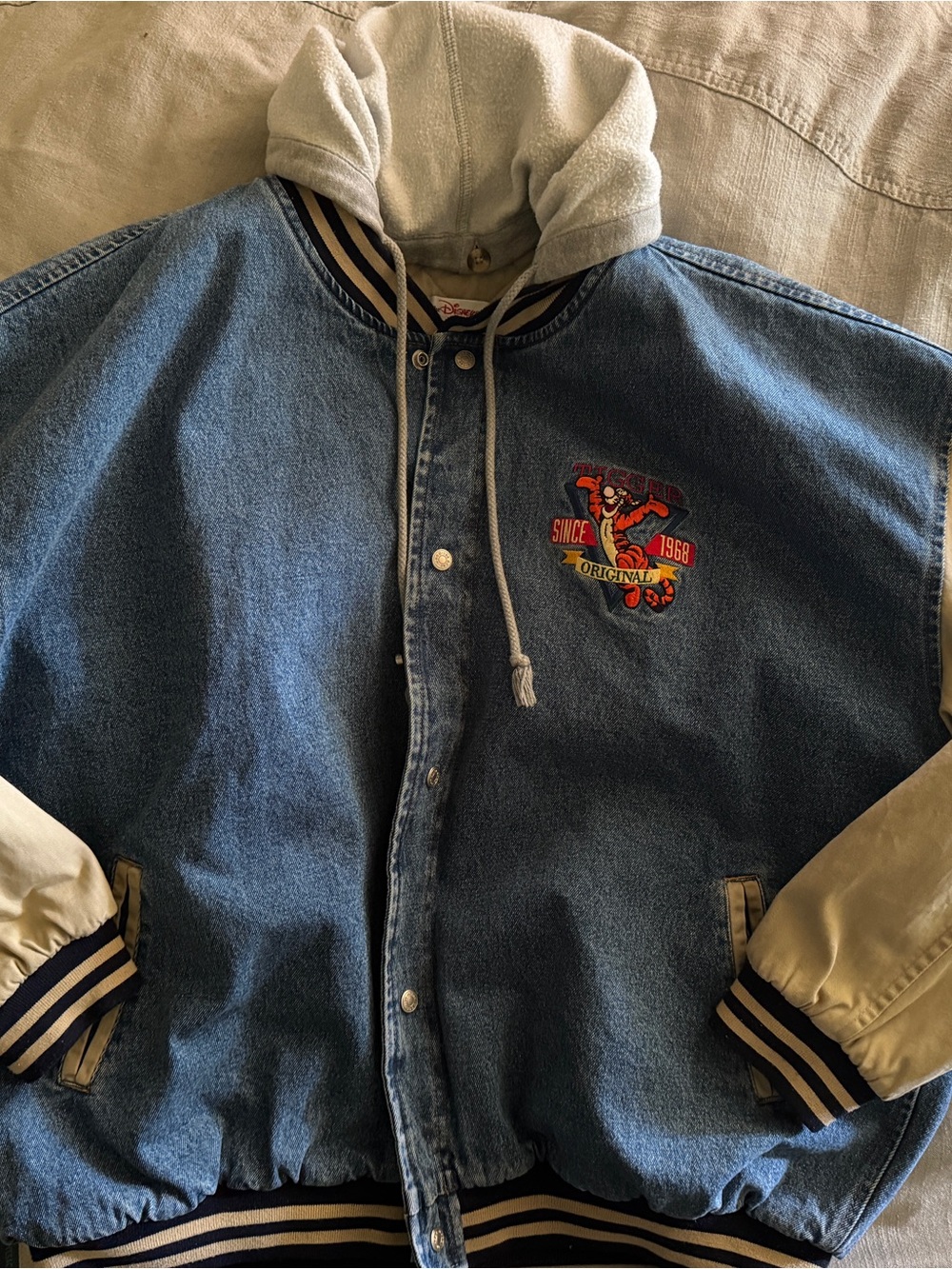 Vintage Disney Tigger Denim Hooded Jacket with Embroidered Patches - 3X